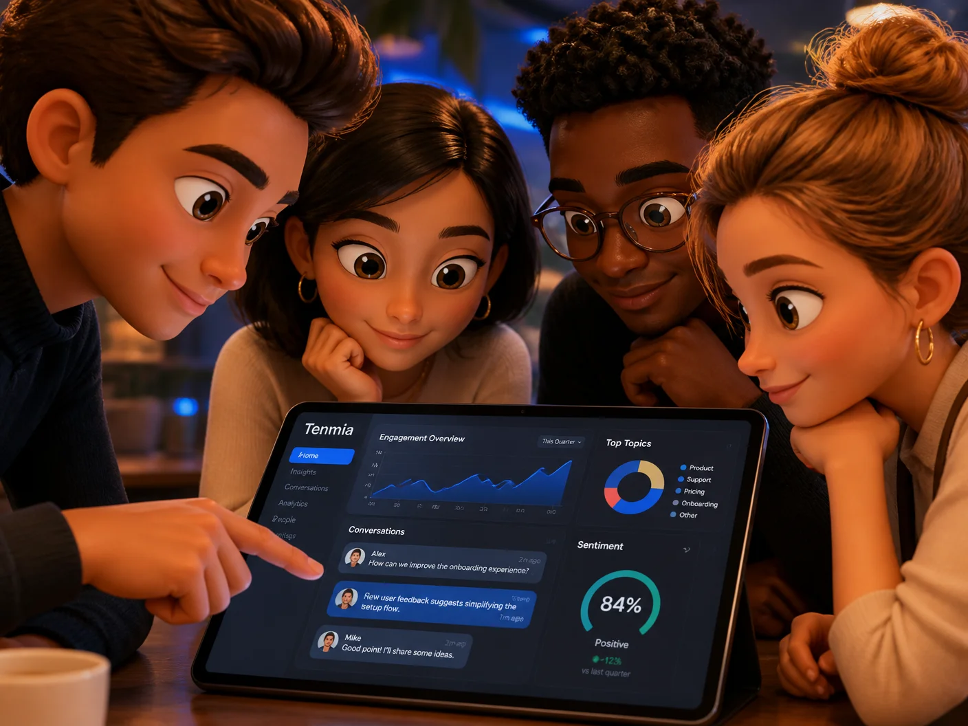 Avatars Tenmia collaborant autour d'un dashboard Tenmia.