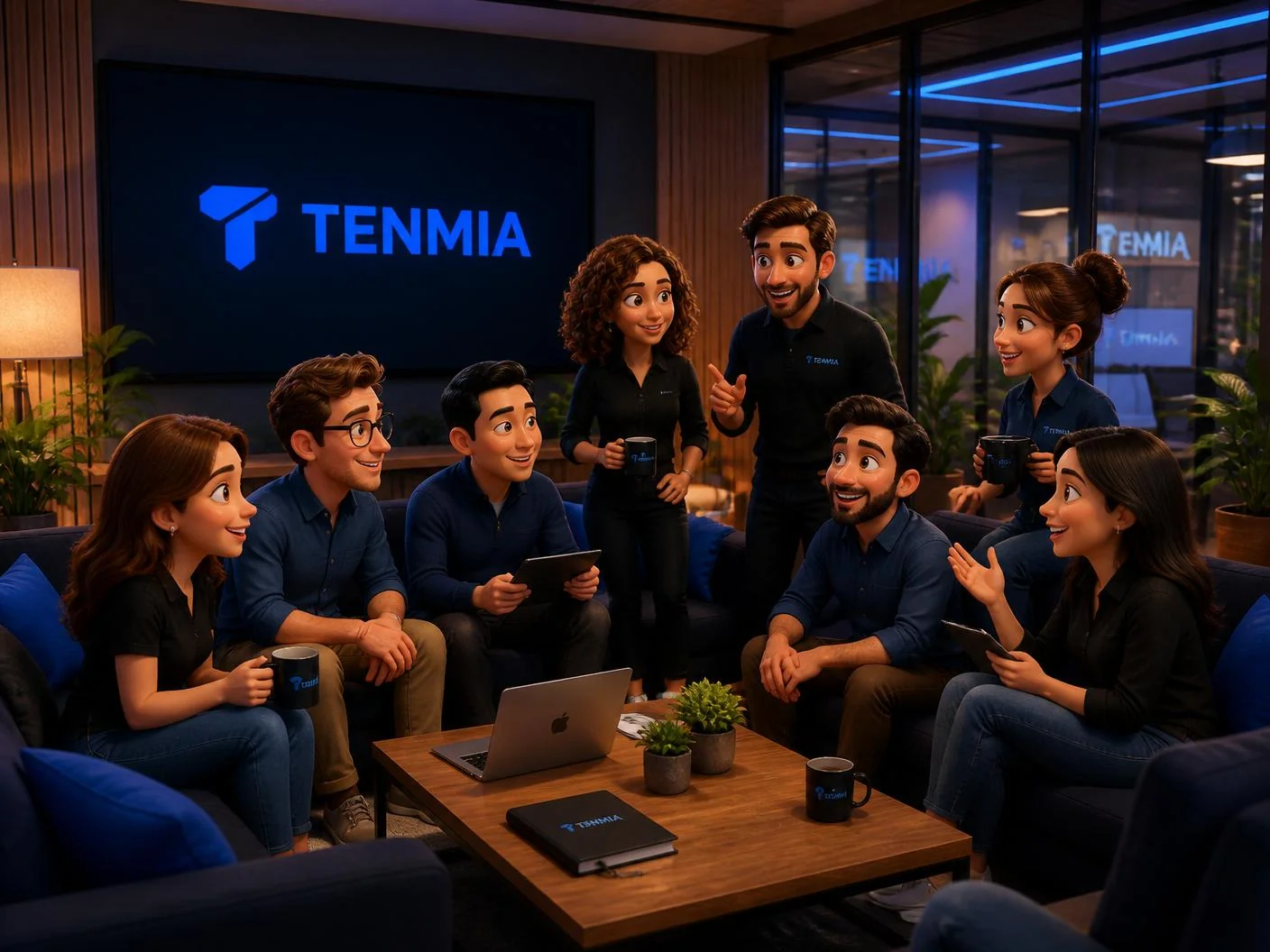 Équipe Tenmia réunie dans un espace lounge autour du logo Tenmia